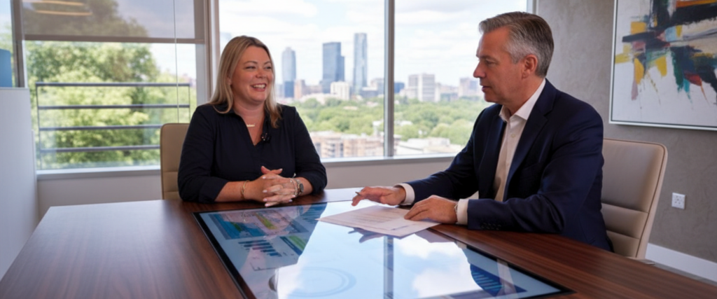 Professional woman and business man in meeting in conference room