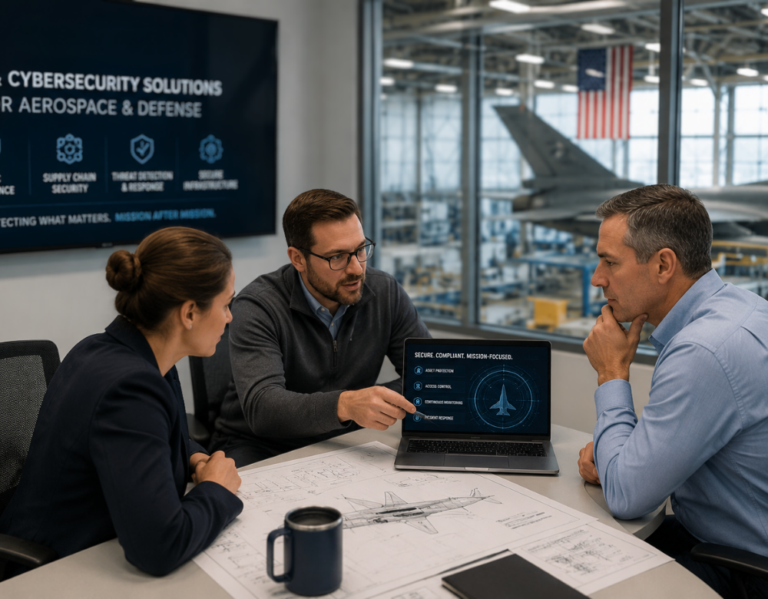 Technology consultant discussing cybersecurity and compliance with aerospace and defense professionals
