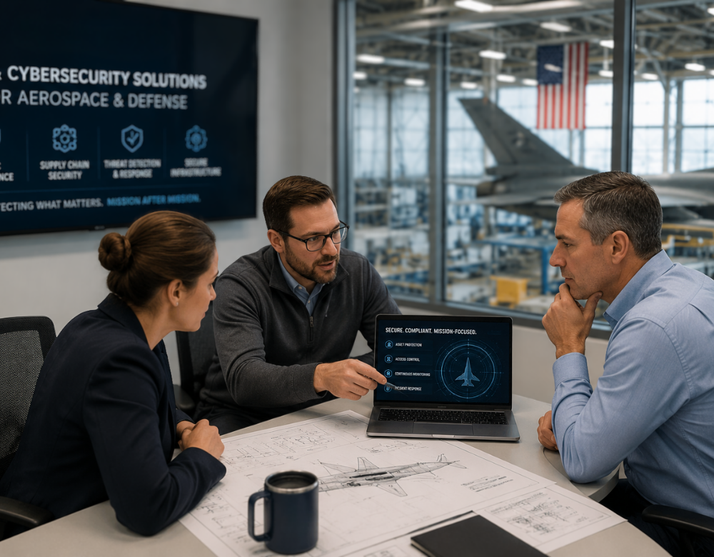 Technology consultant discussing cybersecurity and compliance with aerospace and defense professionals