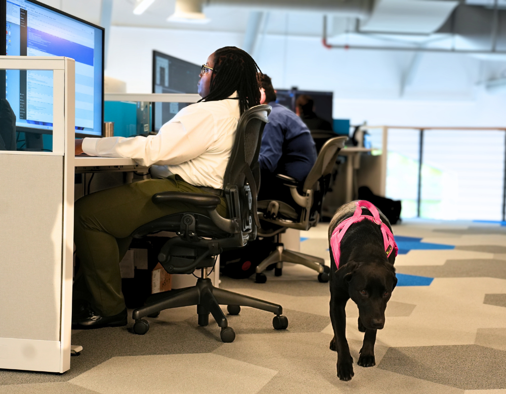 Charles IT employee with a dog in the Middletown office
