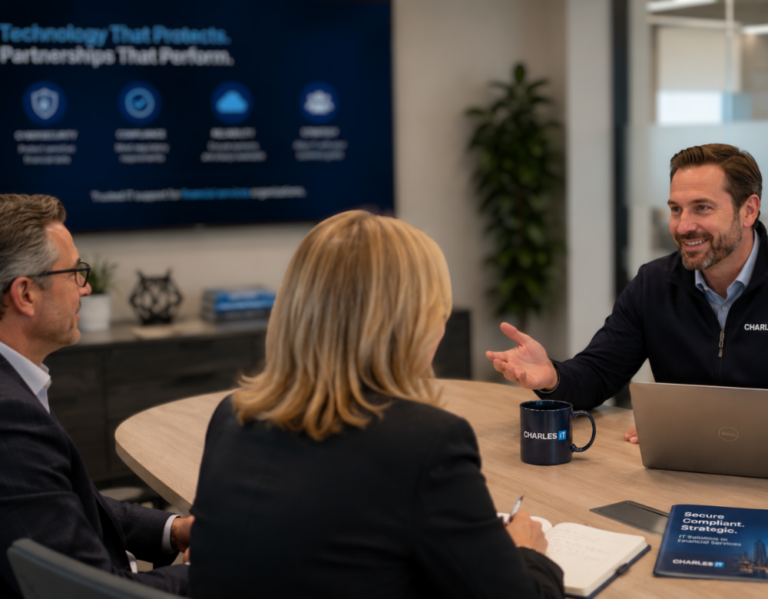 Technology consultant discussing cybersecurity, compliance, and IT strategy with financial services professionals