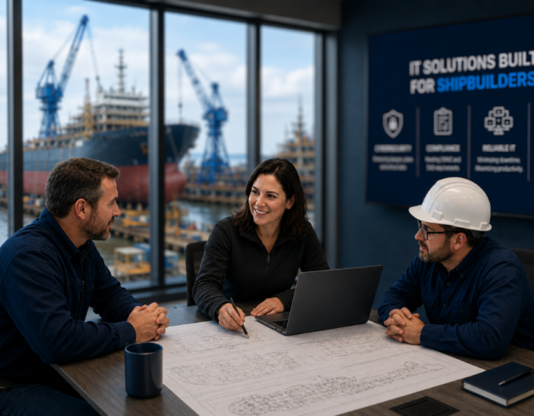 Technology consultant meeting with shipbuilding professionals beside an active shipyard